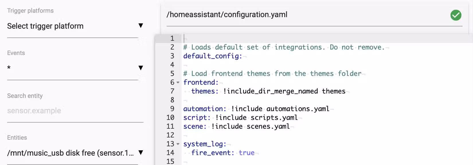 The configuration yaml for Home Assistant showing the system_log fire_event set to true.