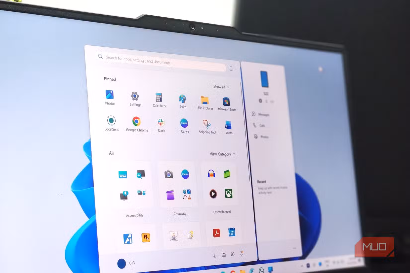 Laptop showing new Windows 11 Start menu