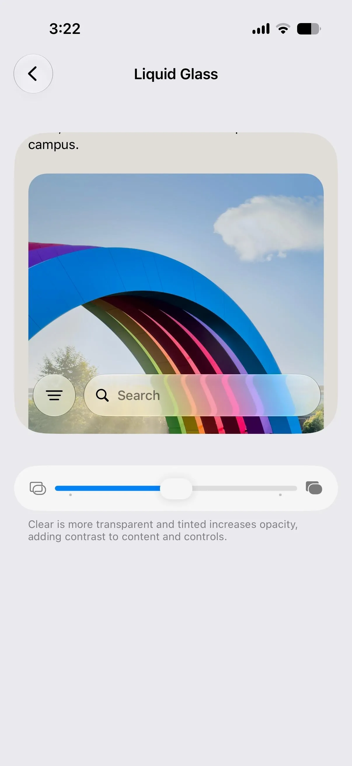 A screenshot of iOS 27’s Liquid Glass opacity slider in the middle.