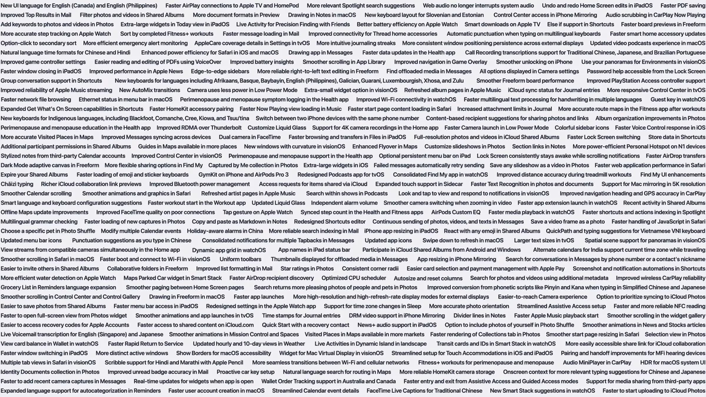A screenshot of a bunch of features in Apple’s upcoming operating systems.
