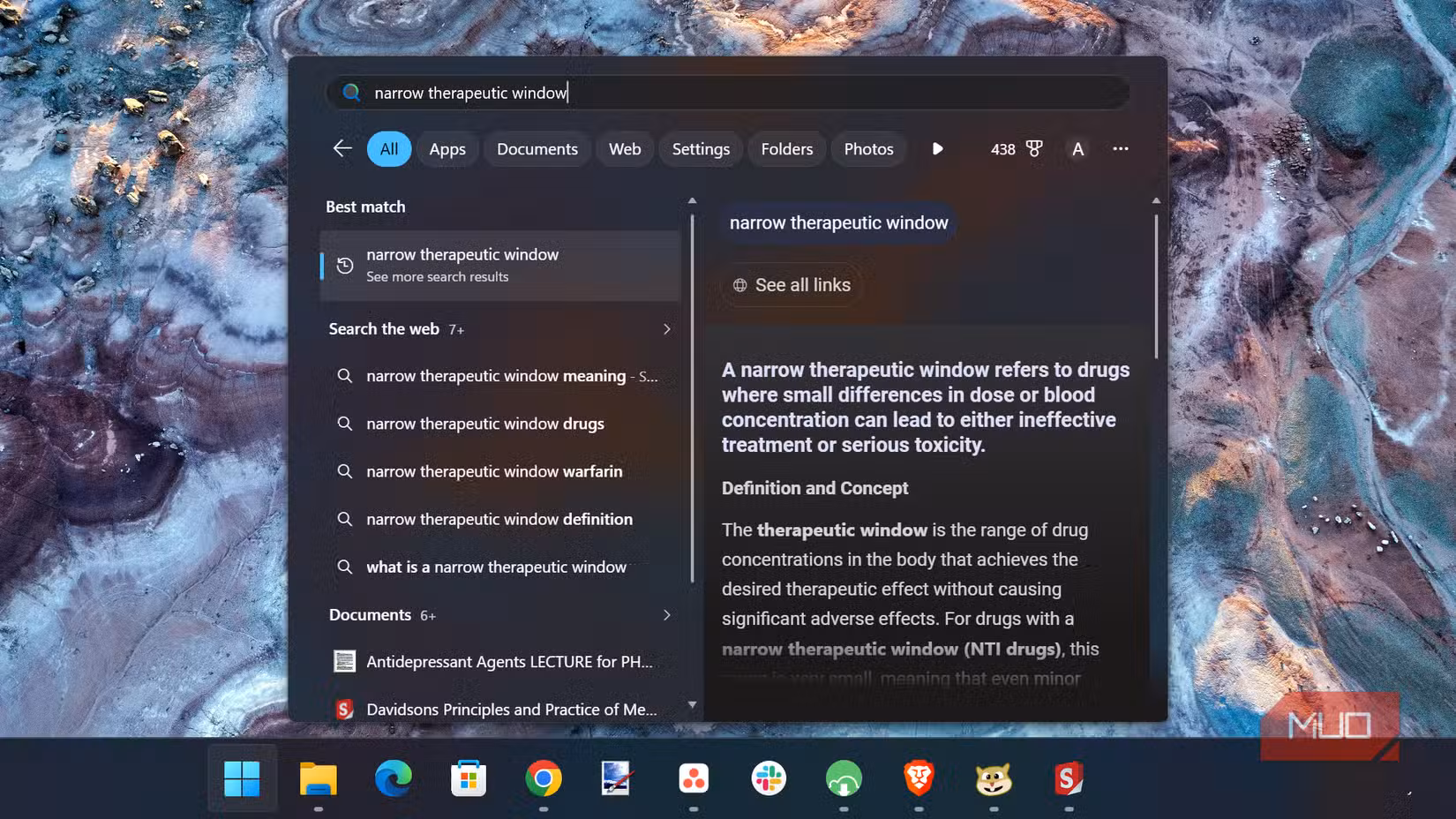 Windows 11 Start menu search for a phrase in a PDF file.