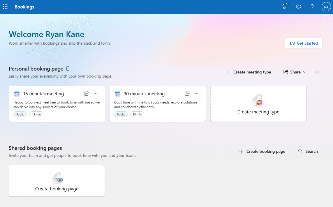 The Microsoft Bookings home page