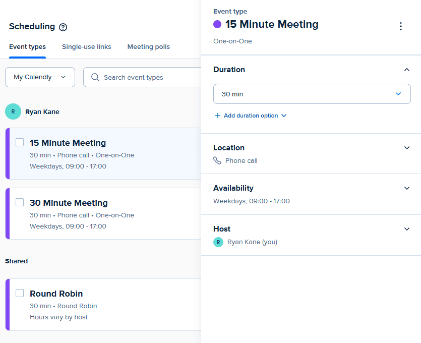 Calendly settings in the sidebar