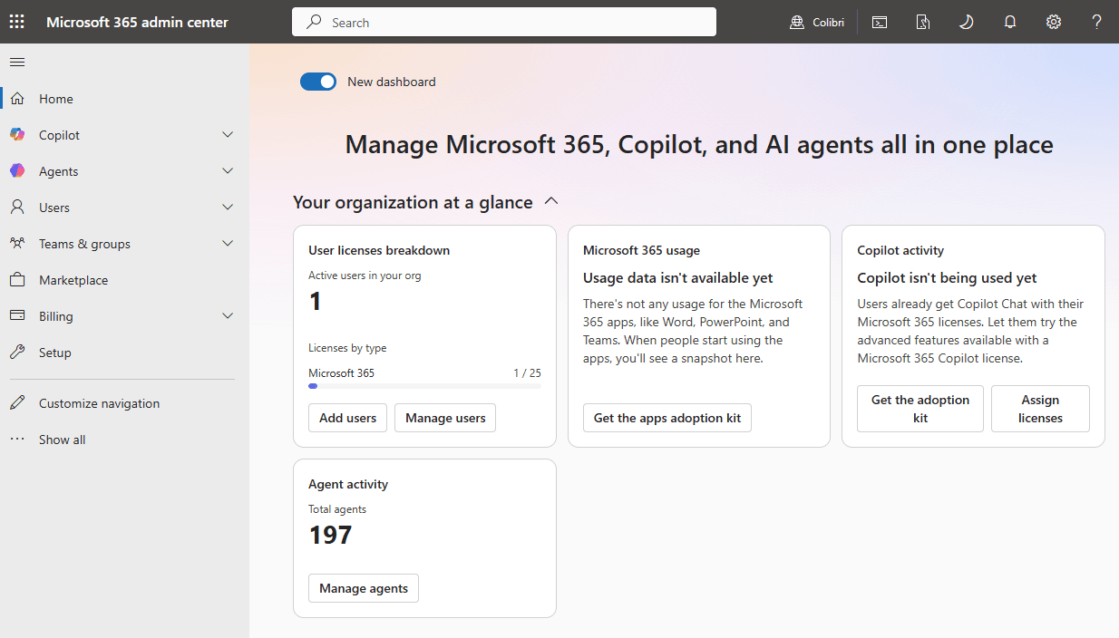 The Microsoft 365 admin page