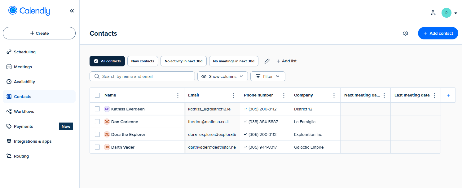 The Contacts feature in Calendly