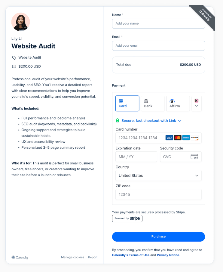 A paid booking page in Calendly