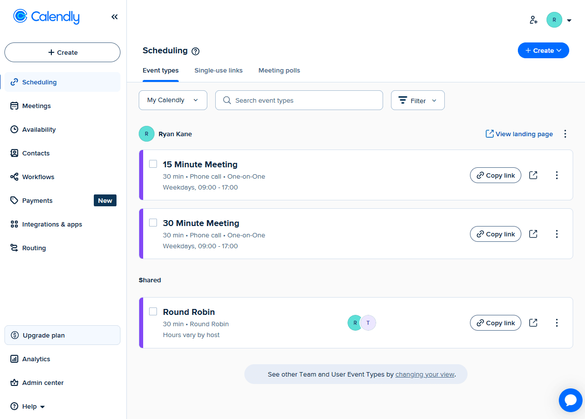 Events type page in Calendly