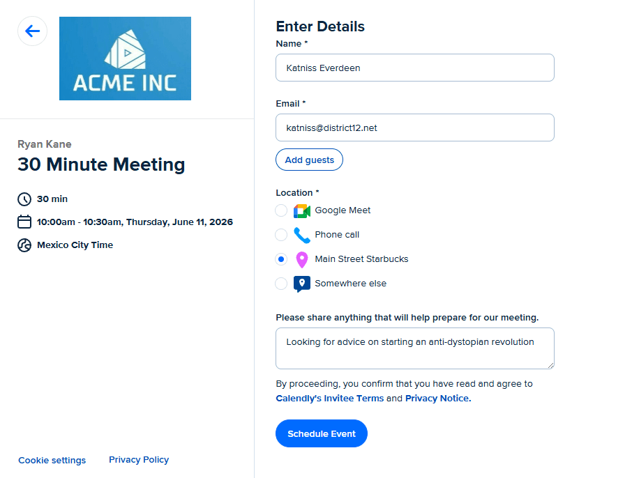 Setting a time to meet in Calendly