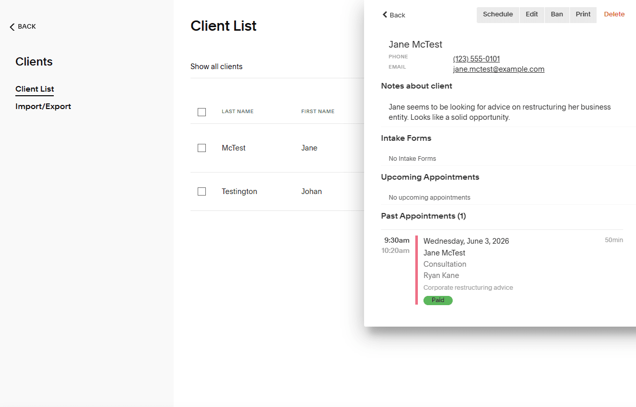 Acuity's Client List tab