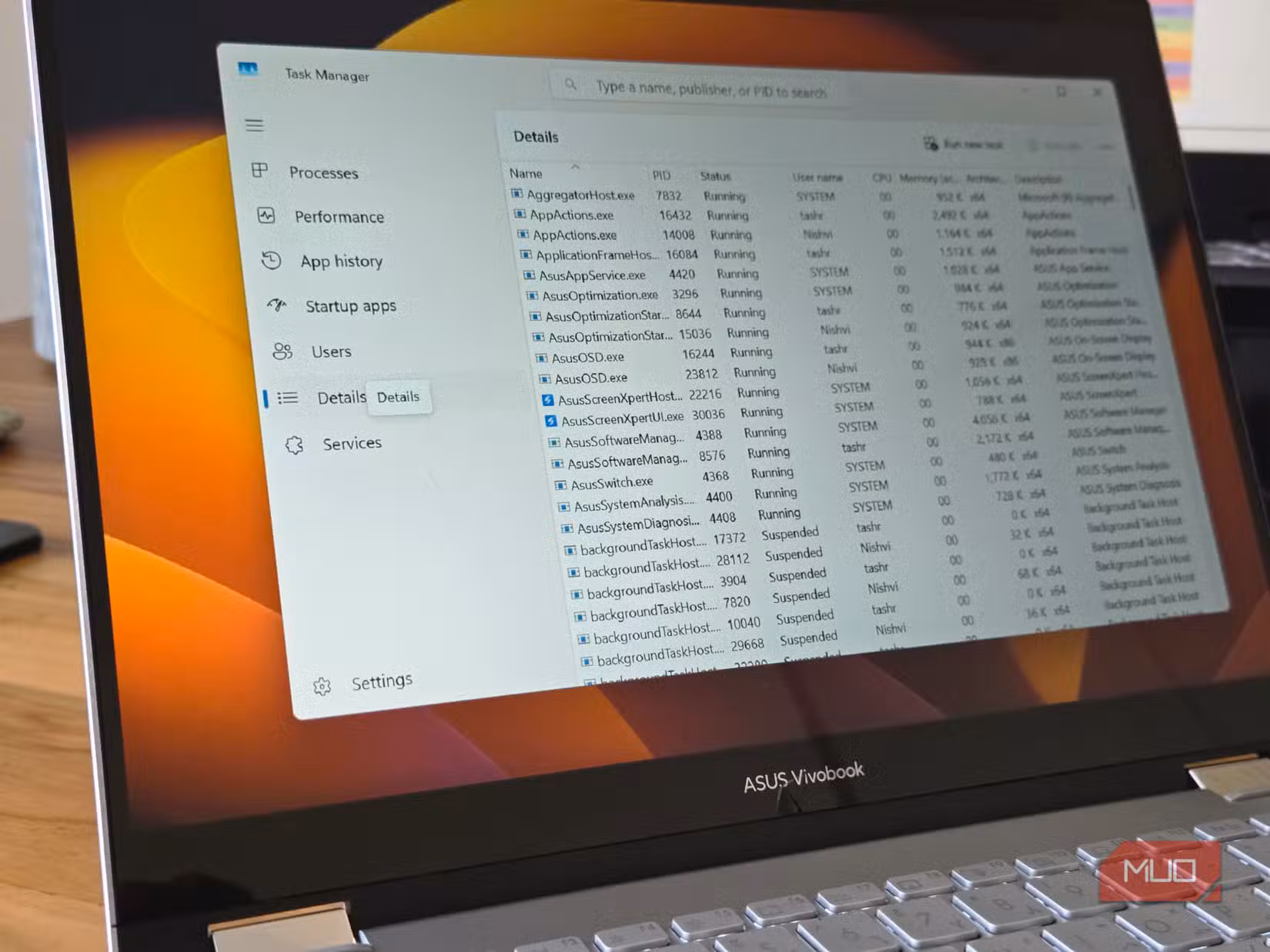Windows Task Manager open on a Asus Vivobook S 14 Flip