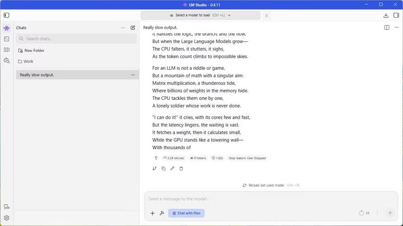 LM Studio writing a poem about why LLM performance on CPUs is poor.
