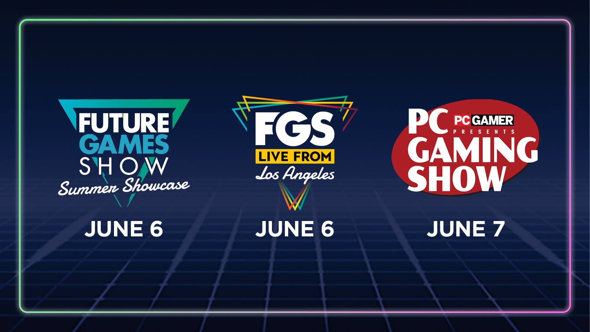 Logos for the Future Games Show Summer Showcase, FGS Live From Los Angeles, and PC Gaming Show