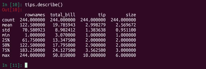 Descriptive stats on the tips dataset using pandas with Python in IPython.