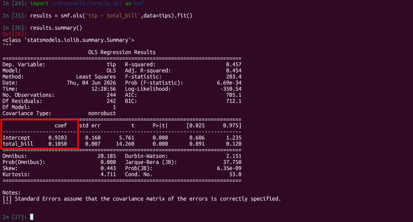 Statsmodels regression results, with coefs column highlighted by a red box.