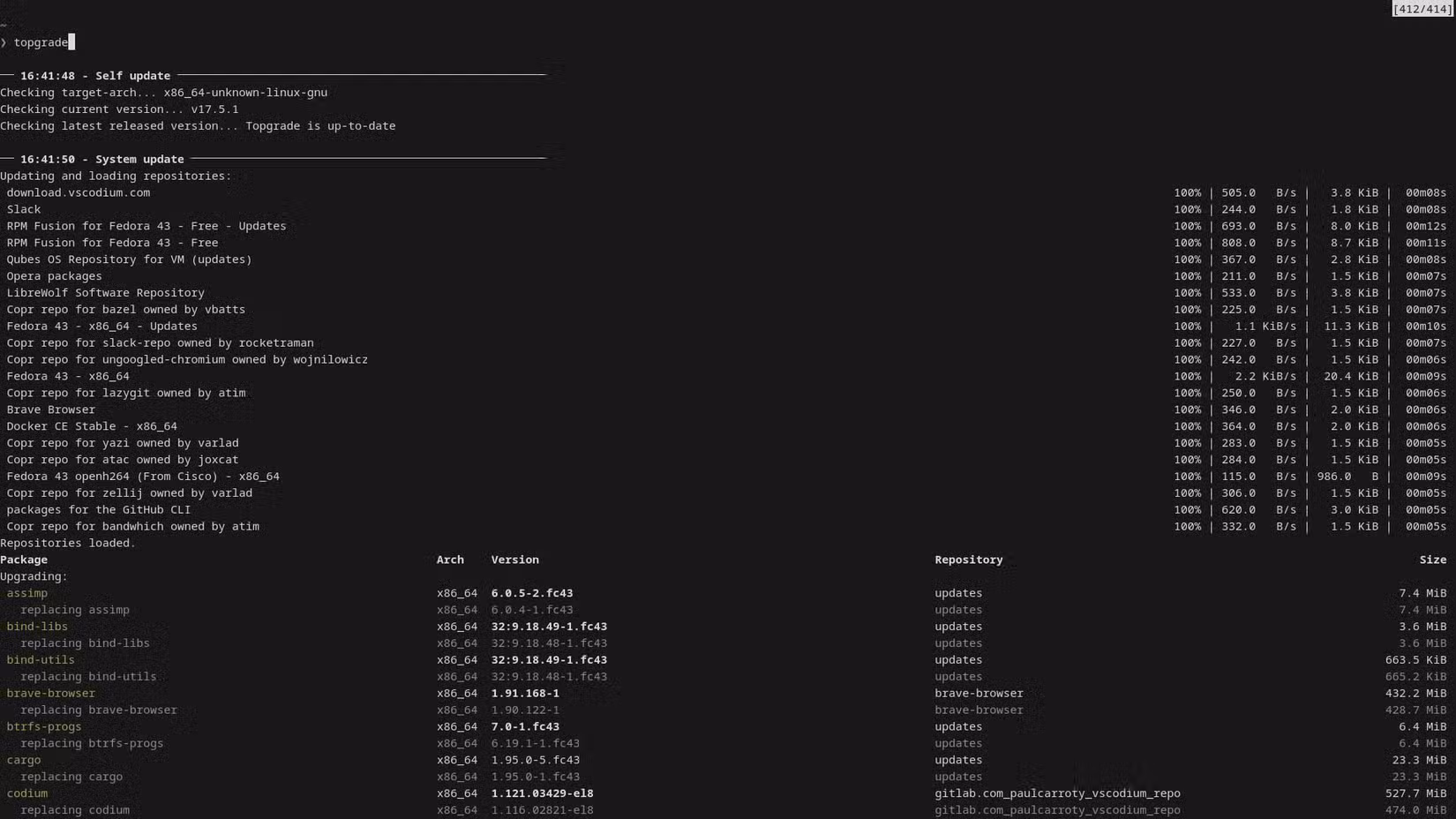 A terminal window shows topgrade running a self update and a system update, checking various targets and listing packages being upgraded with their versions and repositories.
