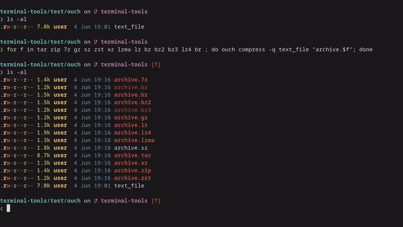 A terminal window shows a for loop using ouch to compress a text file into many archive formats, then an ls listing the resulting archives in formats such as 7z, tar, xz, zip and zst.