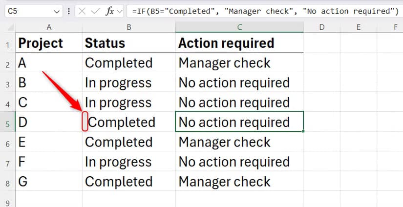 An Excel spreadsheet showing a logical test formula returning a mismatch result due to an invisible leading space inside a data status cell.