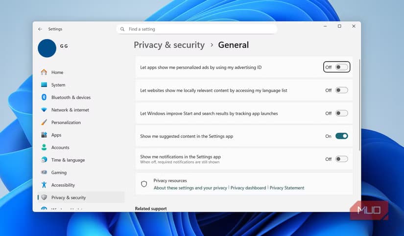Privacy settings menu in Windows 11
