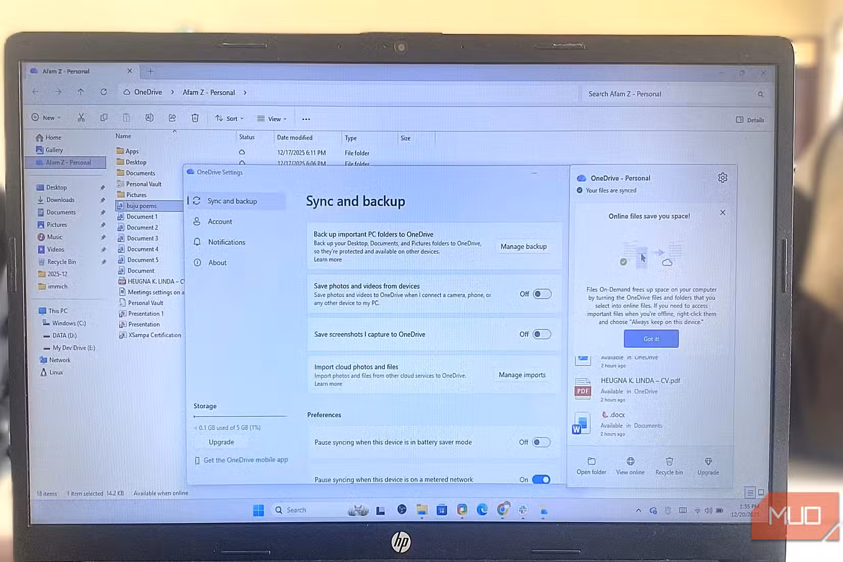 using onedrive for backups