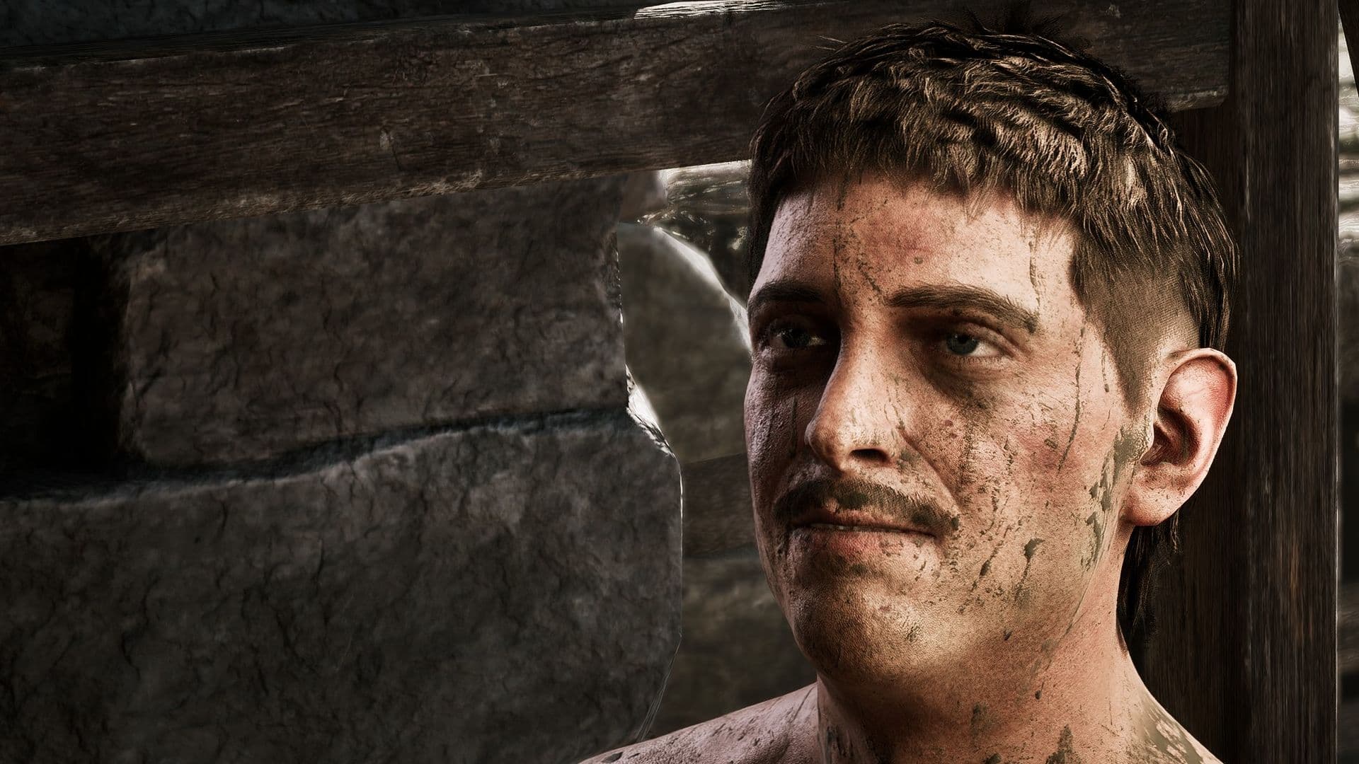 Mud, who is covered in mud, looks gormless
