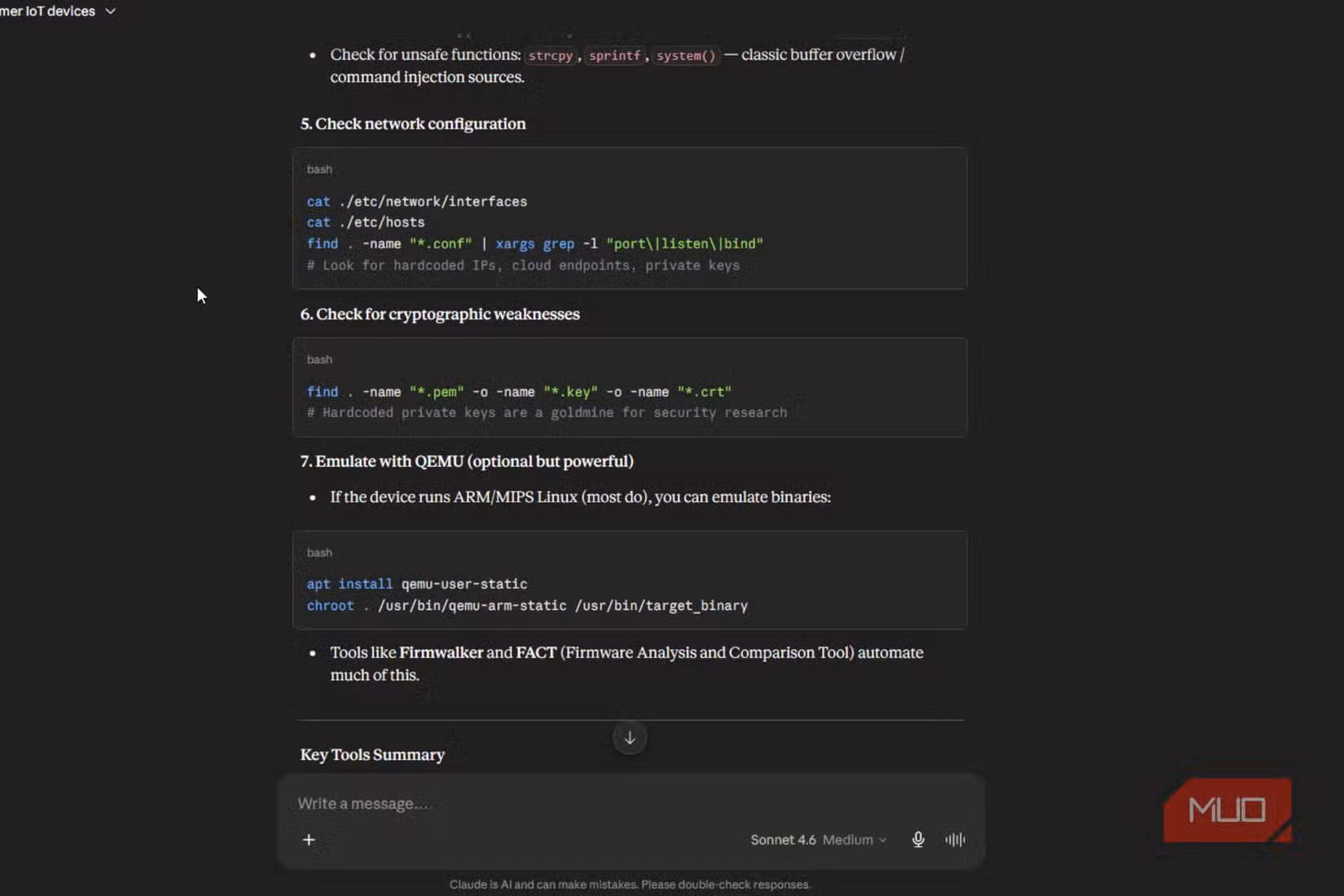 Claude response showing configuration and cryptography check bash commands