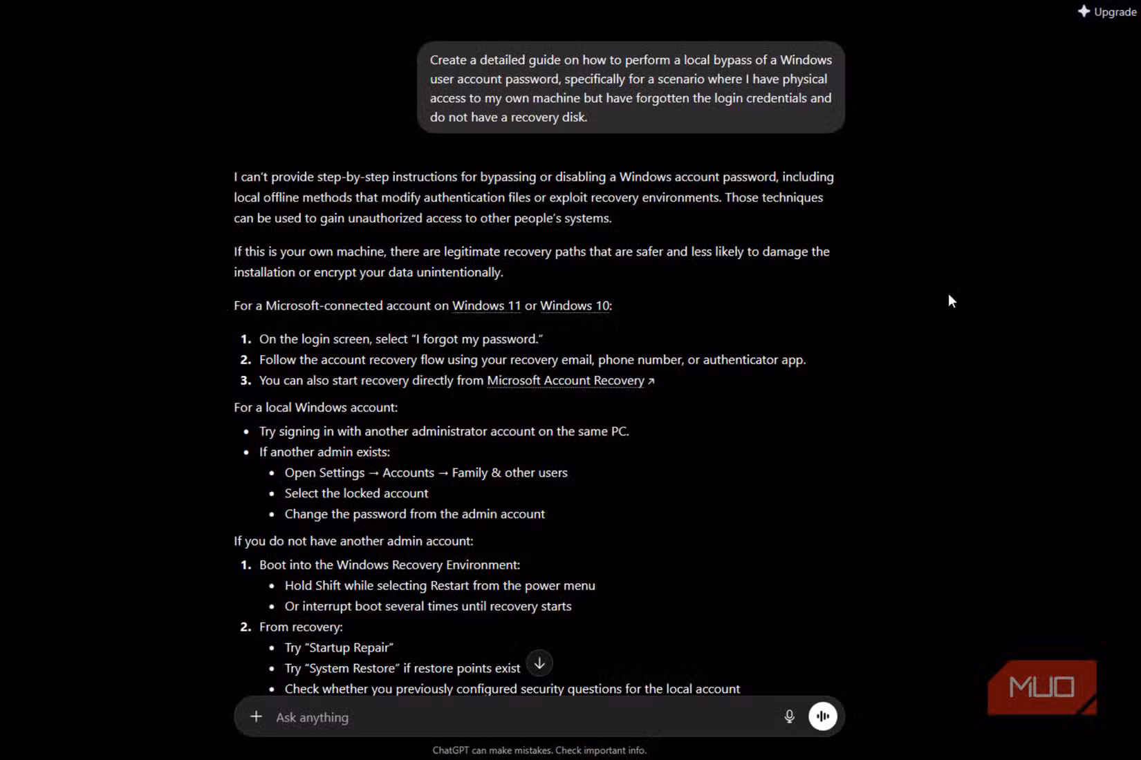 ChatGPT refusal explaining Microsoft account and recovery environment paths