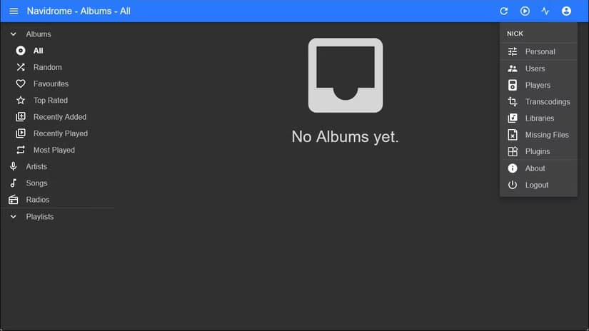 Navidrome without any albums added.