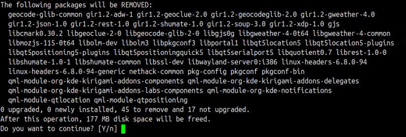 Output of the apt autoremove command, showing several packages prepared to be deleted.
