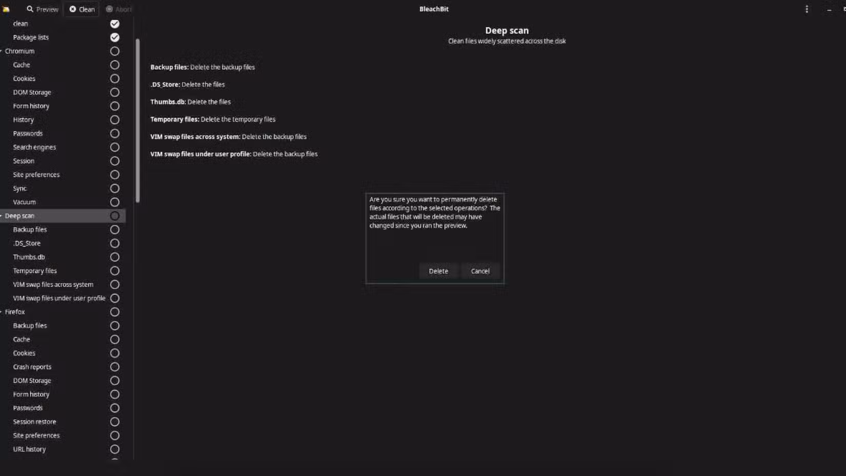 Running a Bleachbit scan.