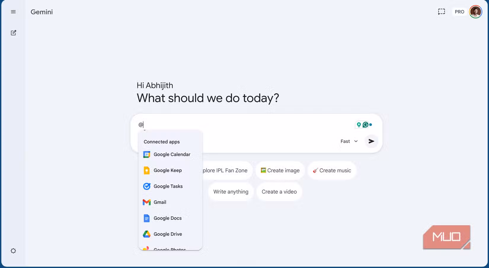 the Gemini screen showing an option to mention other apps