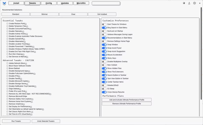 The tweaks section of WinUtil.