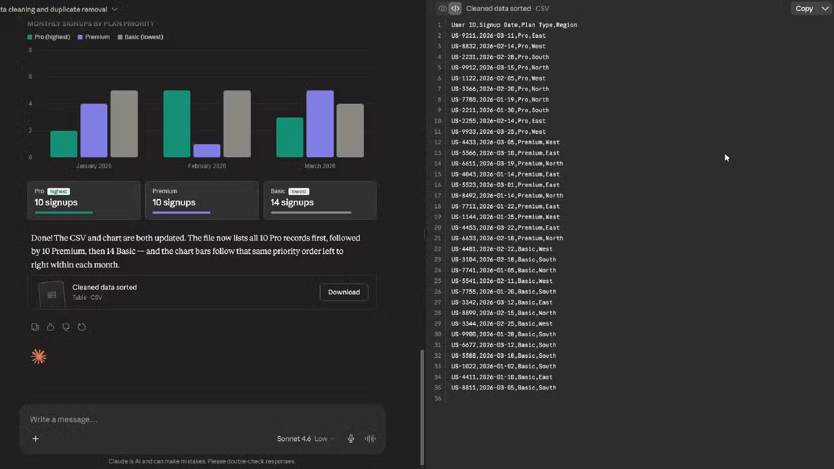 Claude showing the CSV script