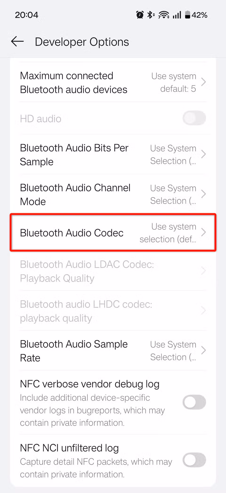 The Bluetooth Audio Codec in Developer Options in Android.