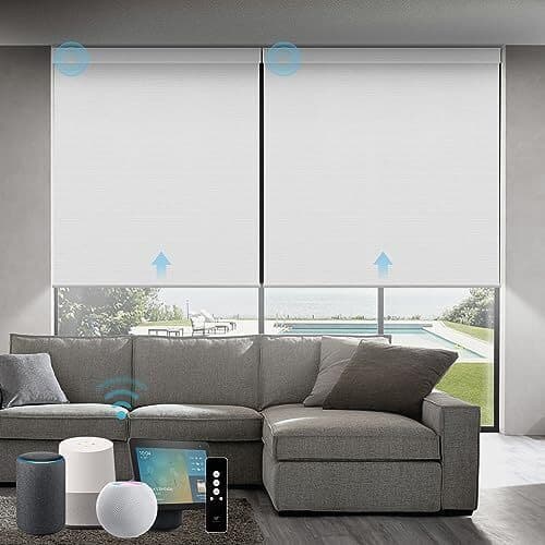 SmartWings Motorized Roller Shades 100% Blackout, Homekit/Alexa/Z-Wave Compatible, Cordless Remote Control Optional Smart Blinds for Bedroom/Living Room Windows, Customized Size, Essential White