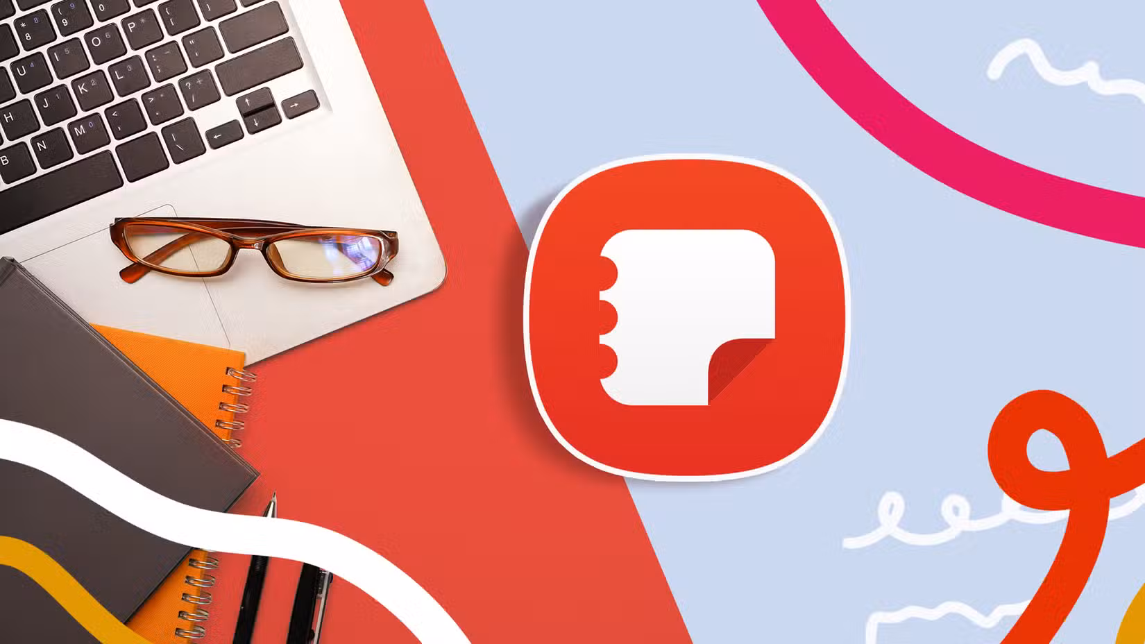 Samsung Notes logo displayed beside a laptop, glasses, and notebooks on a colorful workspace background.