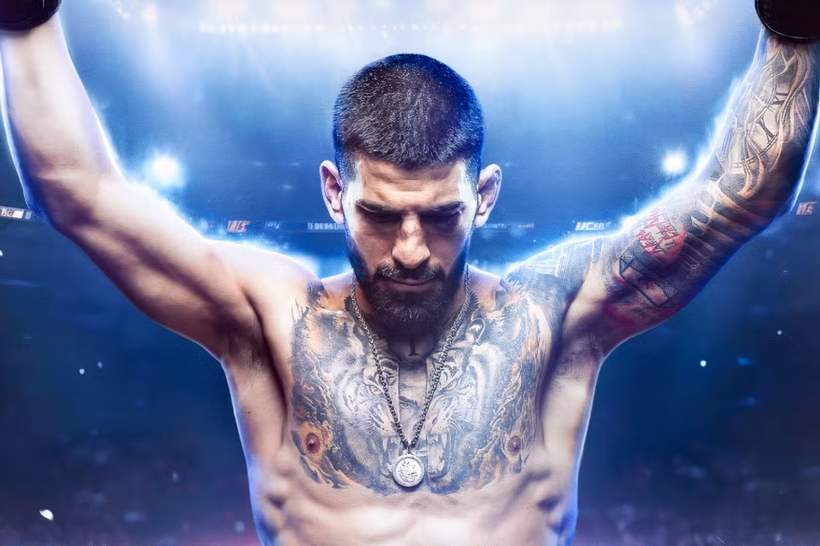 A fighter puts his hands up in Topuria Matador.