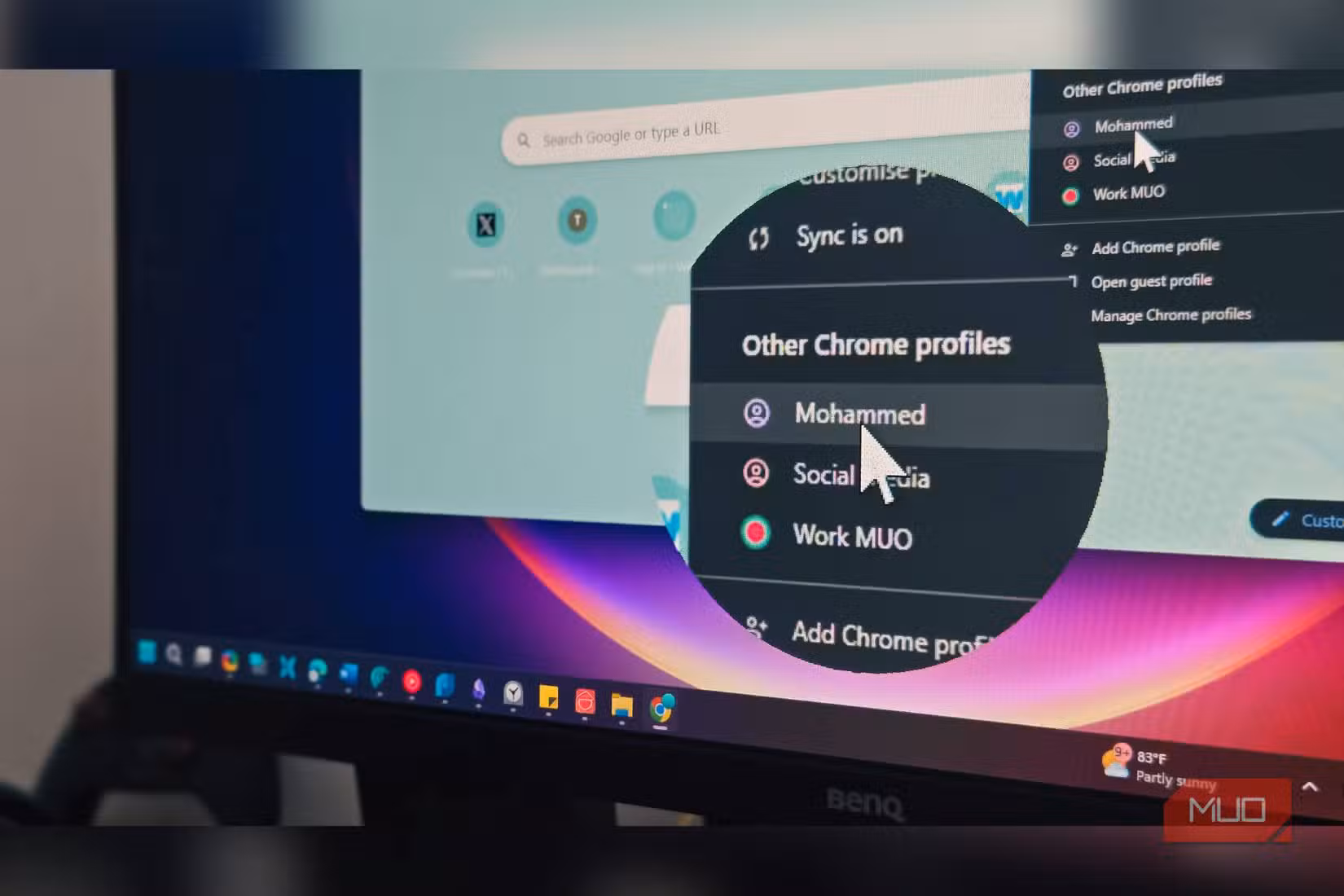 Google chrome profile option open on a Windows 11 running computer