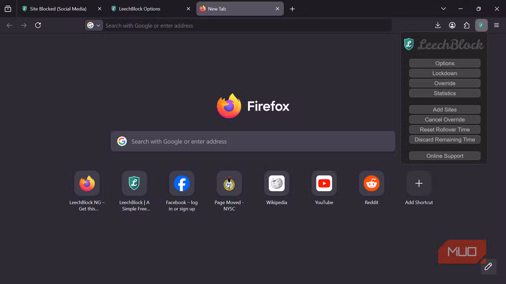 Firefox New Tab page featuring the LeechBlock extension popup menu with quick access options.