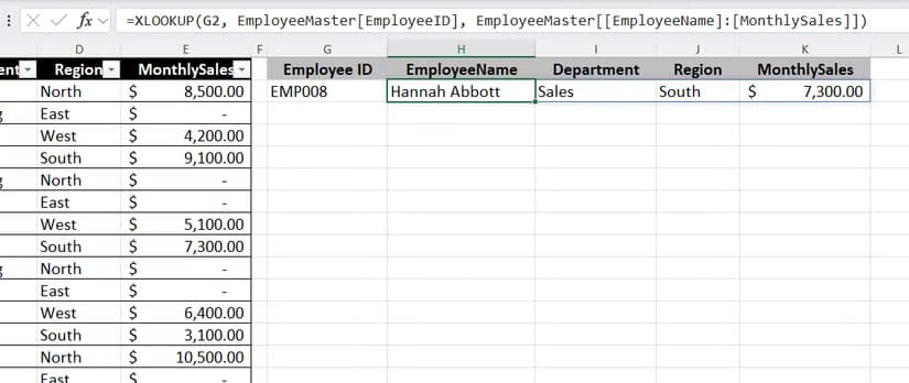 An Excel worksheet showing an XLOOKUP formula configured to return a multi-column array of data for a specific employee ID.
