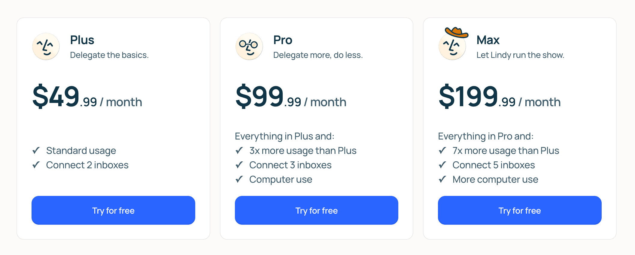 Overview of Lindy's Plus, Pro, and Max pricing tiers.