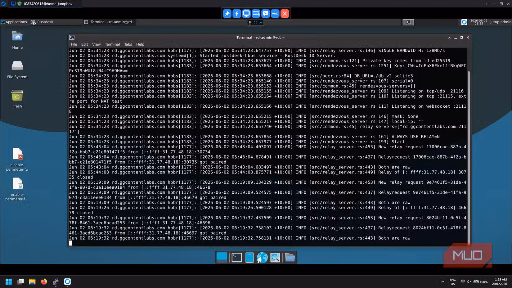 RustDesk remote desktop sessions with hbbs and hbbr log follow showing active relayed connection
