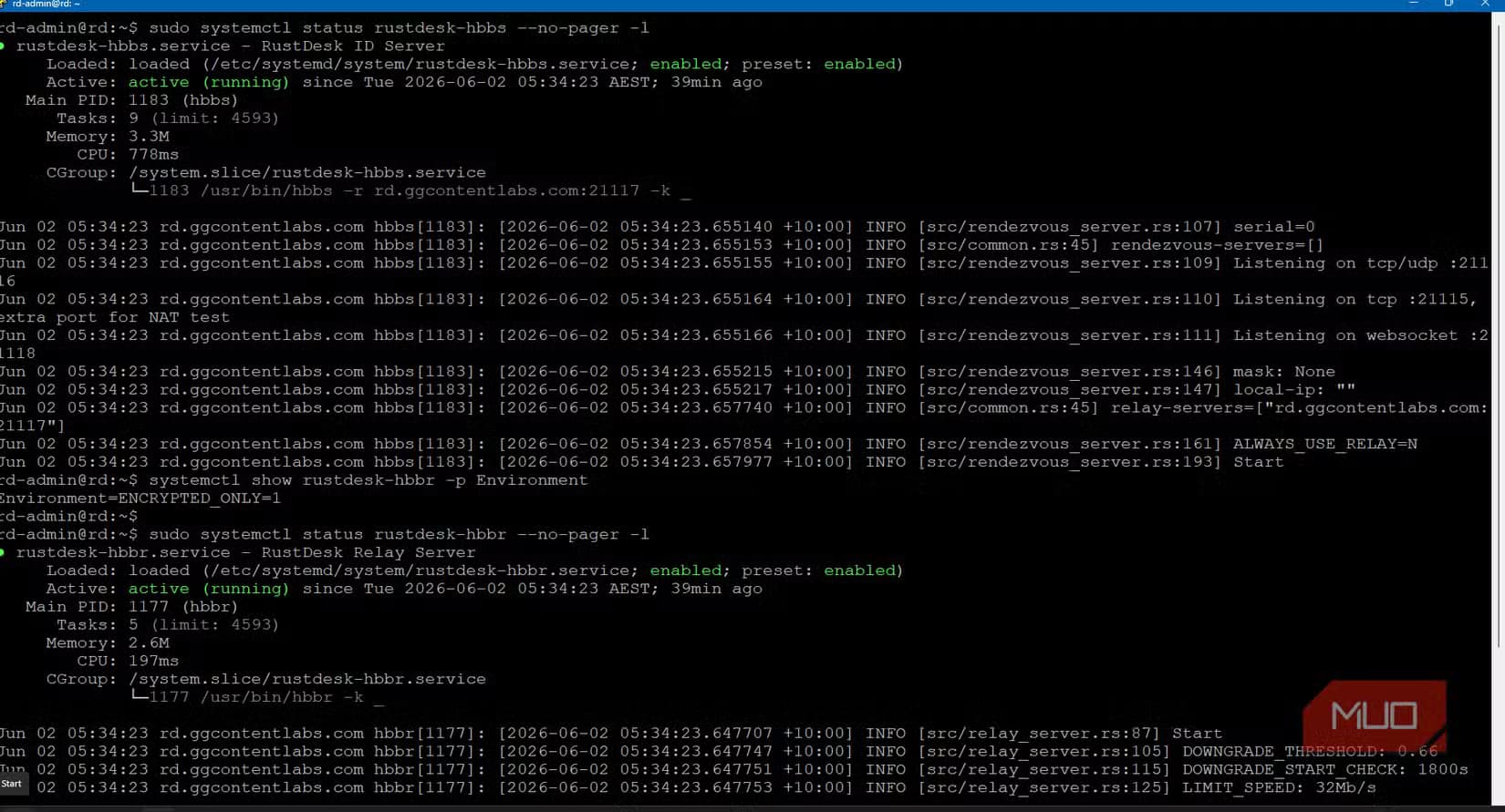SSH session to RustDesk relay server showing systemd service status