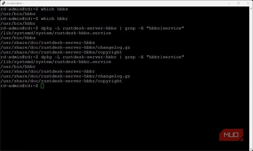 SSH session to RustDesk relay server showing which hbbs and which hbbr command results