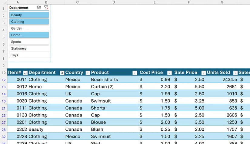 An interactive Department slicer menu is used to dynamically filter visible data rows inside a structured Excel table.