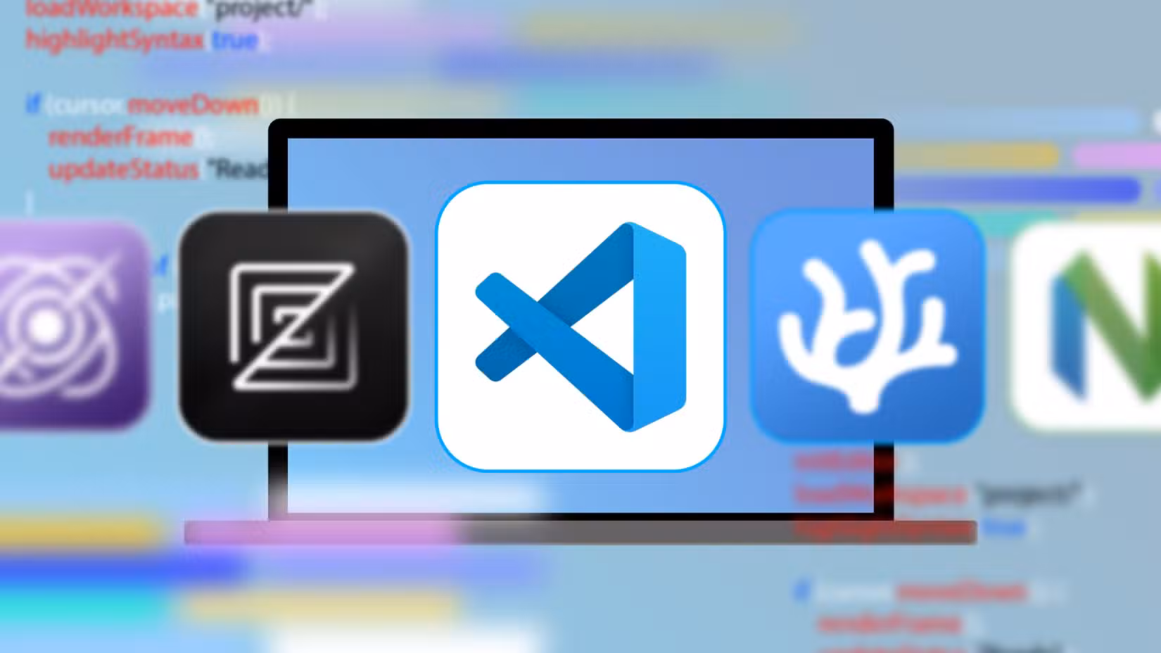 Logos of Zed, VS Code, Pulsar, and Neovim displayed across a laptop screen, with blurred colorful code in the background.