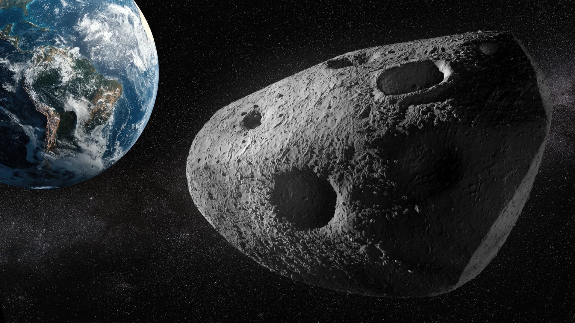 artist's illustration of asteroid apophis, it looks like a giant grey potato, earth is in the upper left corner of the image.