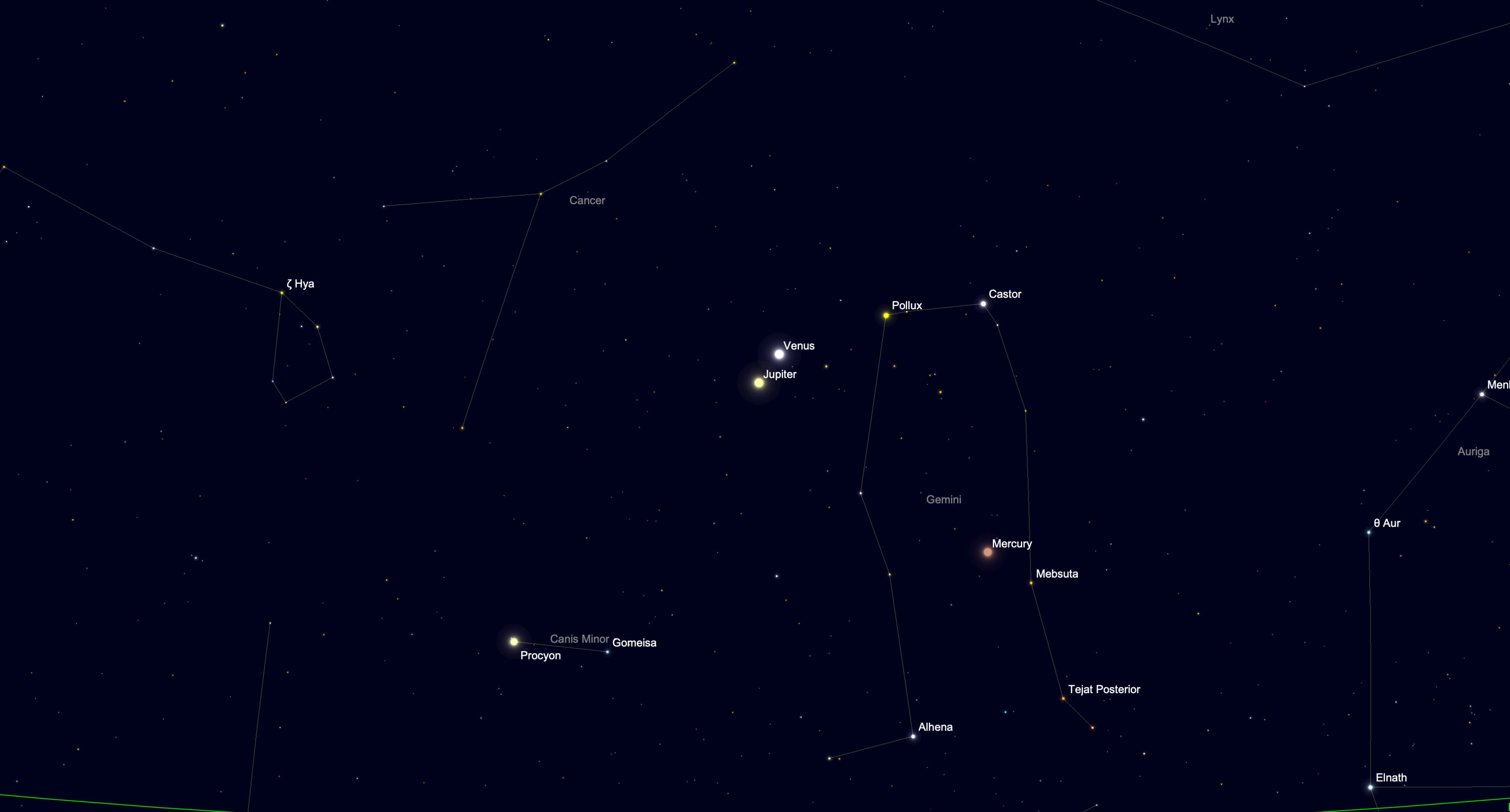 night sky image showing the location of venus and jupiter close together in the night sky.