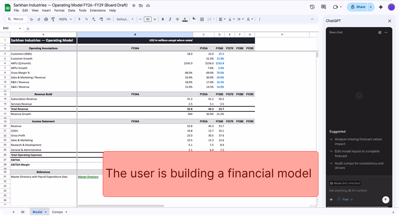 GPT for Sheets user is working on an a financial model