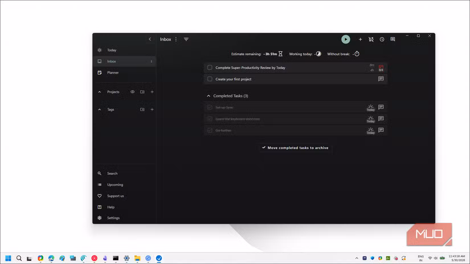 Super Productivity Inbox tab open in Windows 11