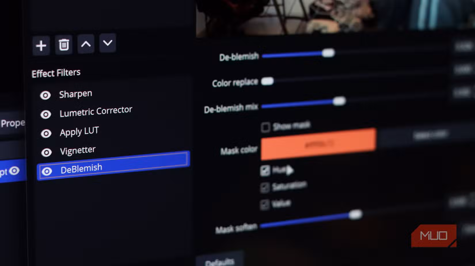 Deblemish filter settings in OBS.